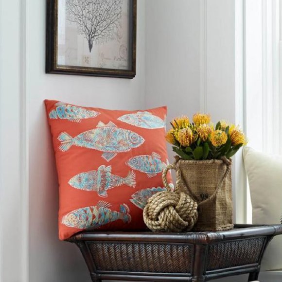 Tommy Bahama 20" Square ORANGE Embroidered BATIK FISH Throw Pillow - brand new - Picture 9 of 9